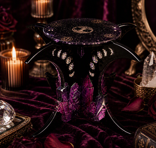 A black gothic-style decorative stand or stool with a glittery purple circular top, crescent moon and star motifs, crystal-like embellishments, and a cluster of purple crystals at the base, styled on a dark velvet surface with candles and crystals around it.