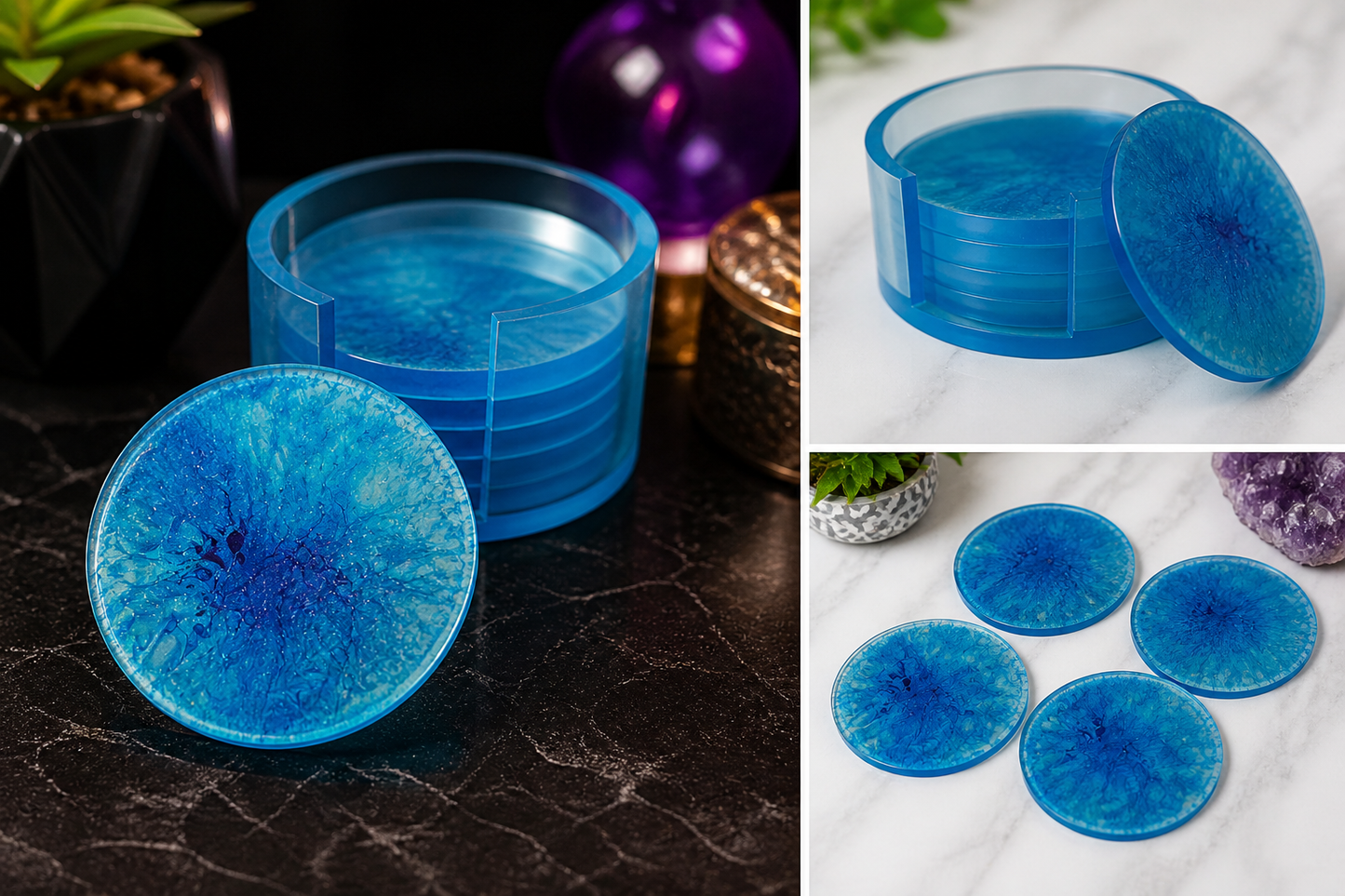 Custom Heart Resin Coaster Set — 4 Coasters + Matching Holder