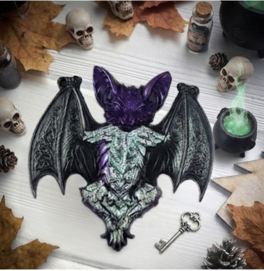 Goth Chic Bat Decoration – Emerald & Gold Mythic colorway, handcrafted resin art