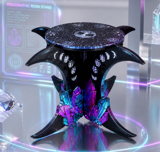 A futuristic black holographic resin stand with curved claw-like legs, a starry circular top, and glowing crystal-like purple and blue accents, displayed on a circular platform in a neon-lit setting.