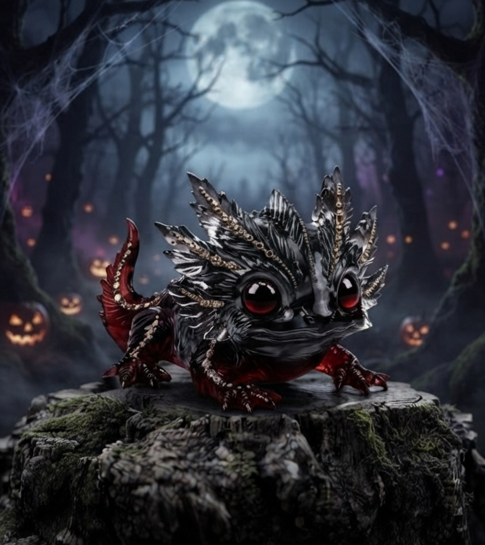 Gothic Spiky Dragon Table Decoration – handcrafted resin art with black and crimson tones and ruby red eyes