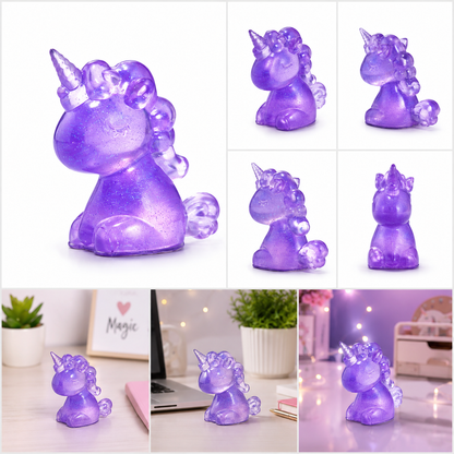 Collage of a purple unicorn-shaped night light in various settings.