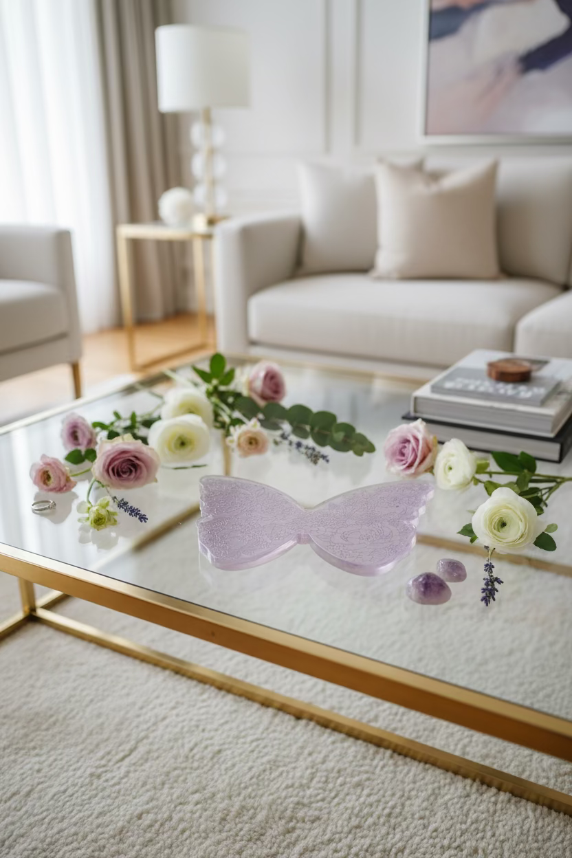 Living room with a glass coffee table featuring flowers and a decorative bow.