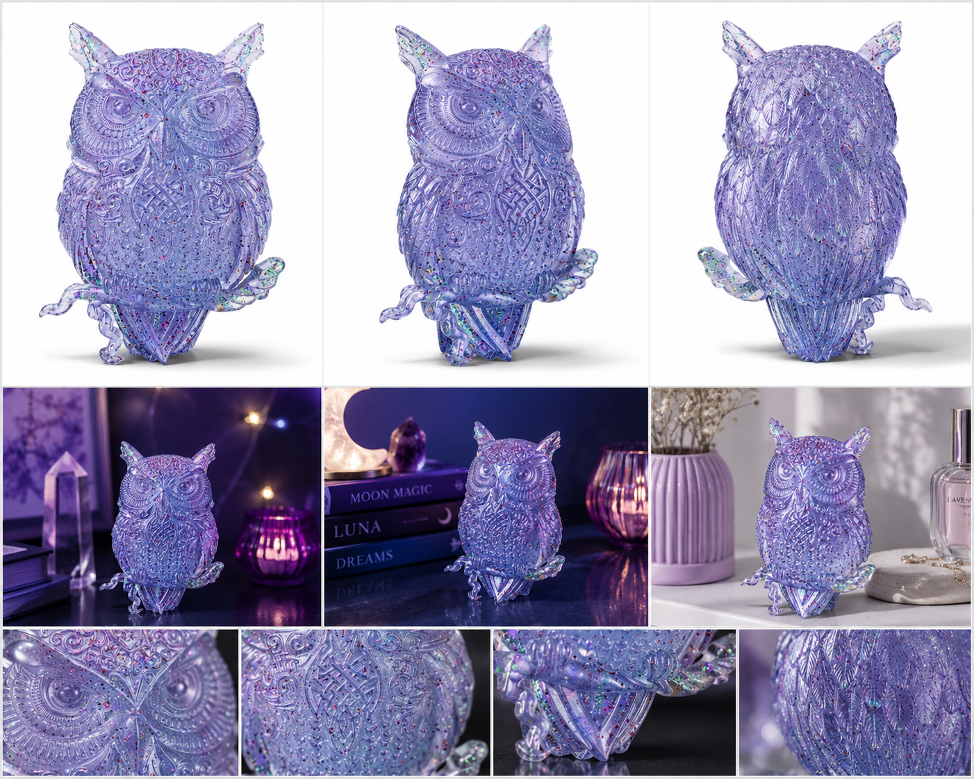 Collage of purple owl decorative items in various settings
