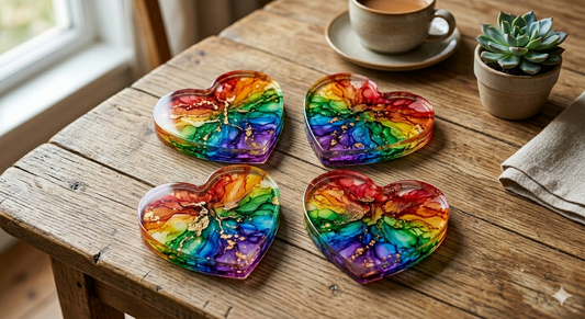 Handmade heart-shaped resin coaster set with rainbow swirl and gold flake design, set of 4