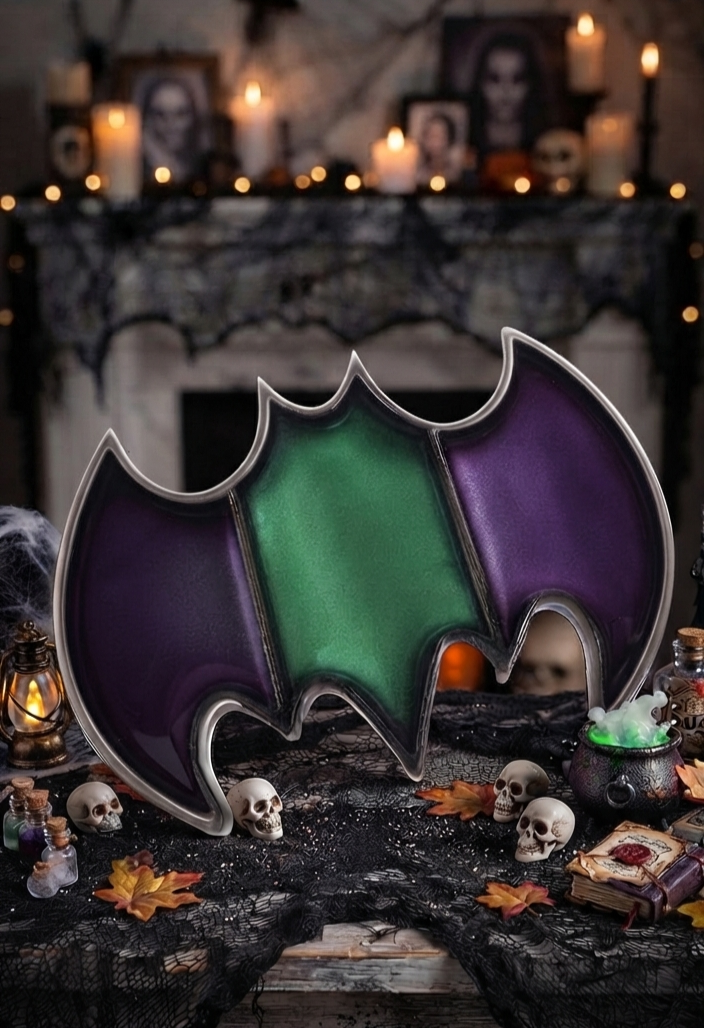 Goth Chic Bat Tray Table Decoration – handcrafted resin art in emerald green and gothic purple with metallic border
