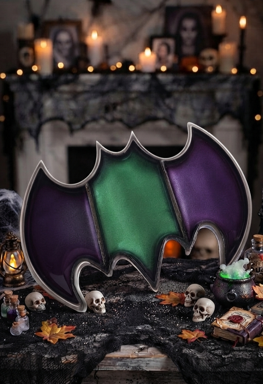 Goth Chic Bat Tray Table Decoration – handcrafted resin art in emerald green and gothic purple with metallic border
